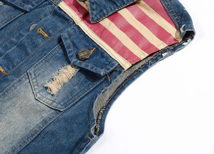USA Flag washed Denim Jeans Vest by RiderOut