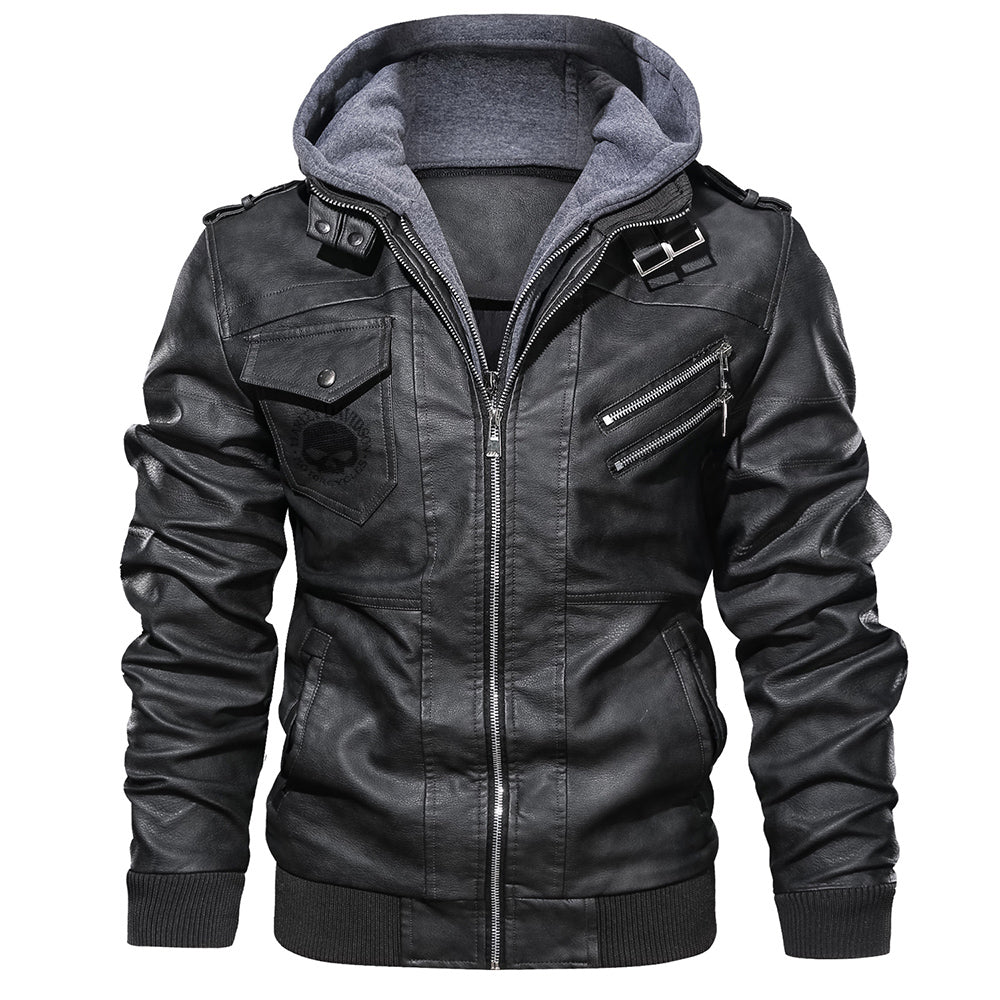 H D Skull Logo Hooded Leather Jacket