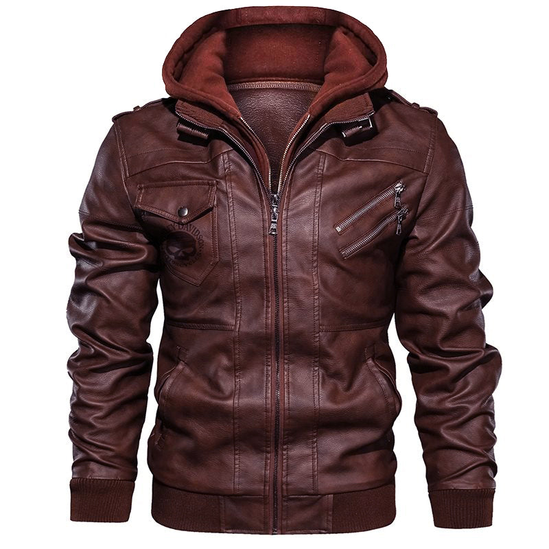 H D Skull Logo Hooded Leather Jacket