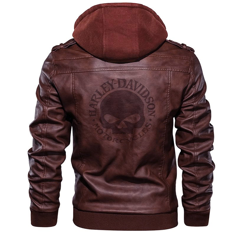 H D Skull Logo Hooded Leather Jacket