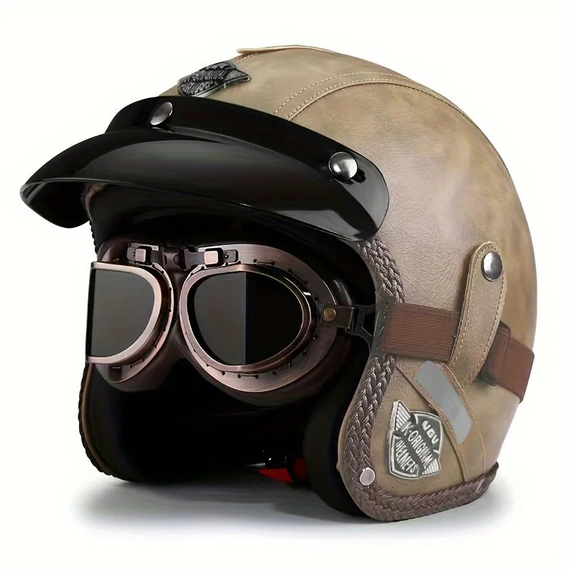 Brown Leather Retro Classic Motorcycle Helmet by RiderOut™