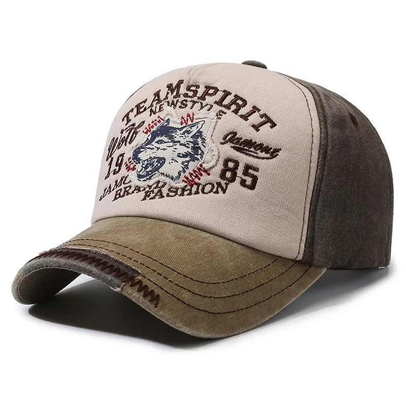 Washed Cotton WOLF Embroidery Vintage Baseball Cap by RiderOut™
