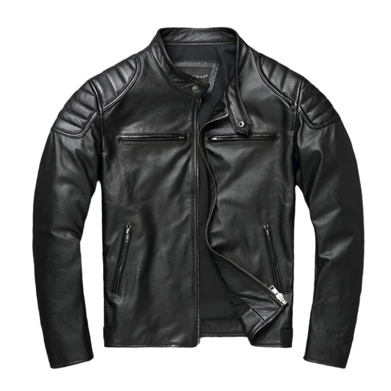 Cowhide Leather Stand Collar Motorcycle Jacket by RiderOut