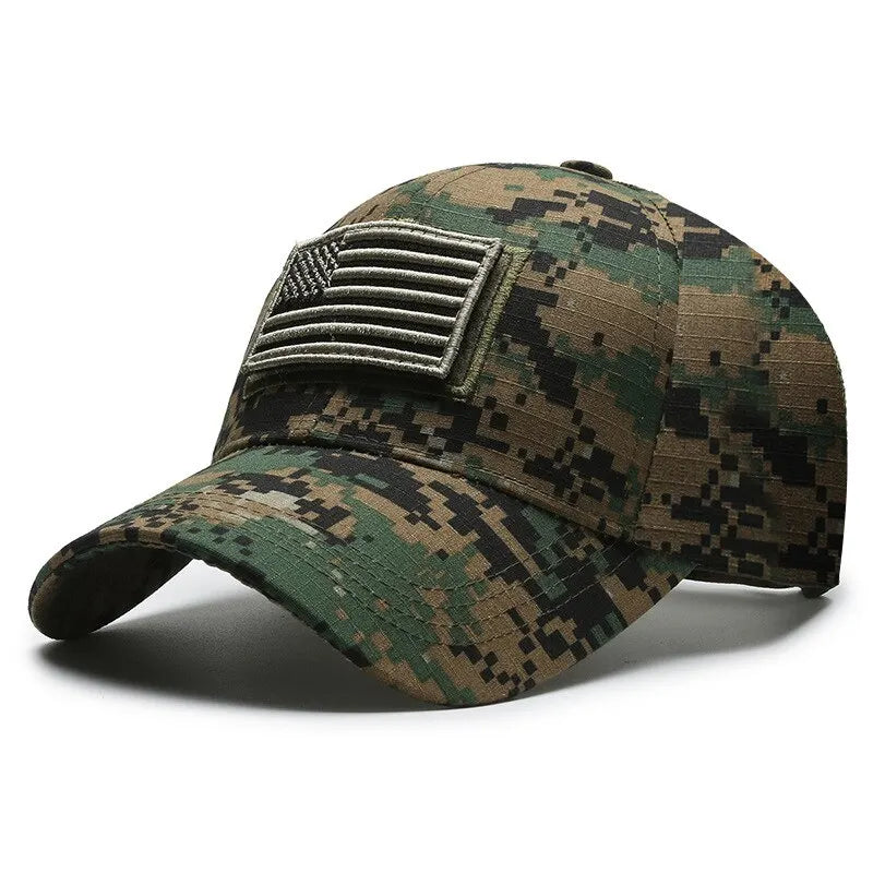 American Flag Camouflage Sticker Embroidered Baseball Cap by RiderOut™