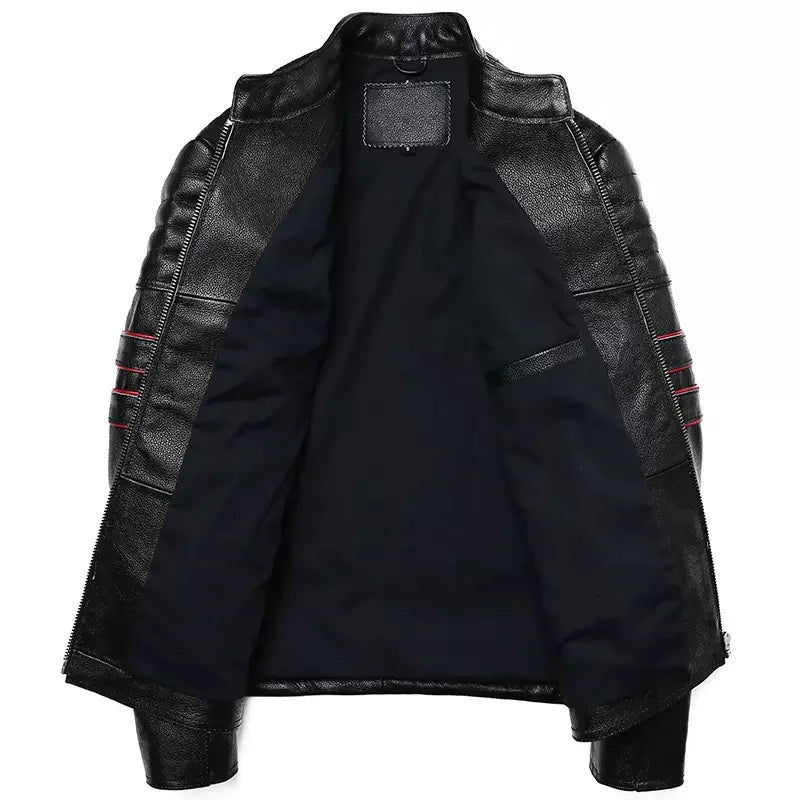 Black Genuine Natural Leather Stand Collar Skulls Embroidery Jacket by RiderOut
