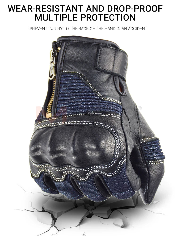 Retro Leather & Denim Motorcycle Gloves by RiderOut™