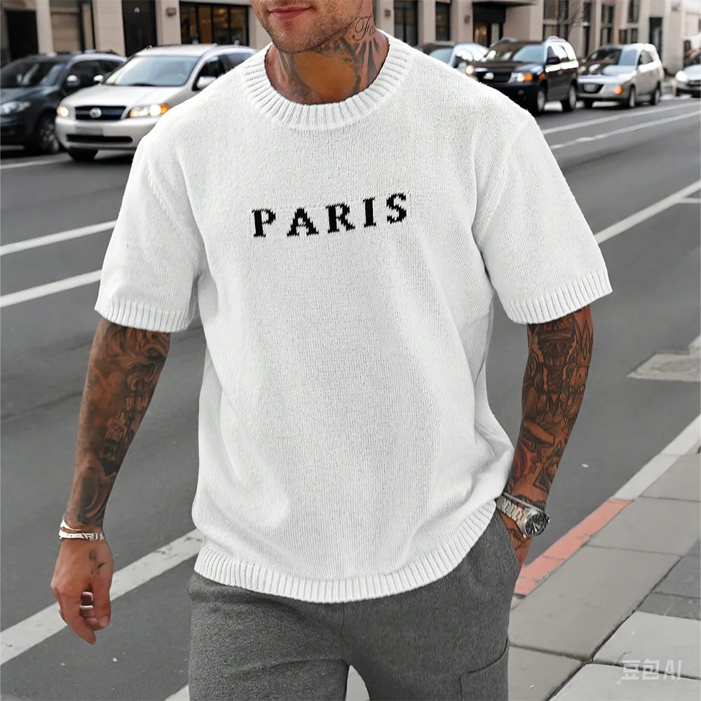 Short Sleeve White Paris Letter Knitwear T-Shirt by RiderOut