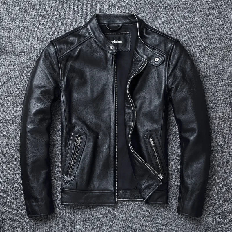 Genuine Leather Slim Fit Stand Collar Jacket by RiderOut