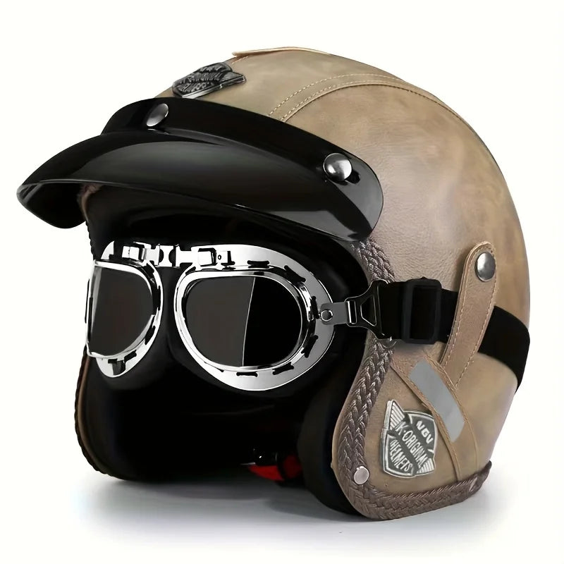 Brown Leather Retro Classic Motorcycle Helmet by RiderOut™