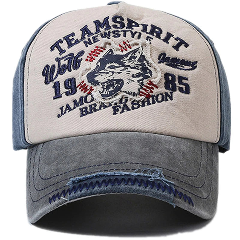 Washed Cotton WOLF Embroidery Vintage Baseball Cap by RiderOut™