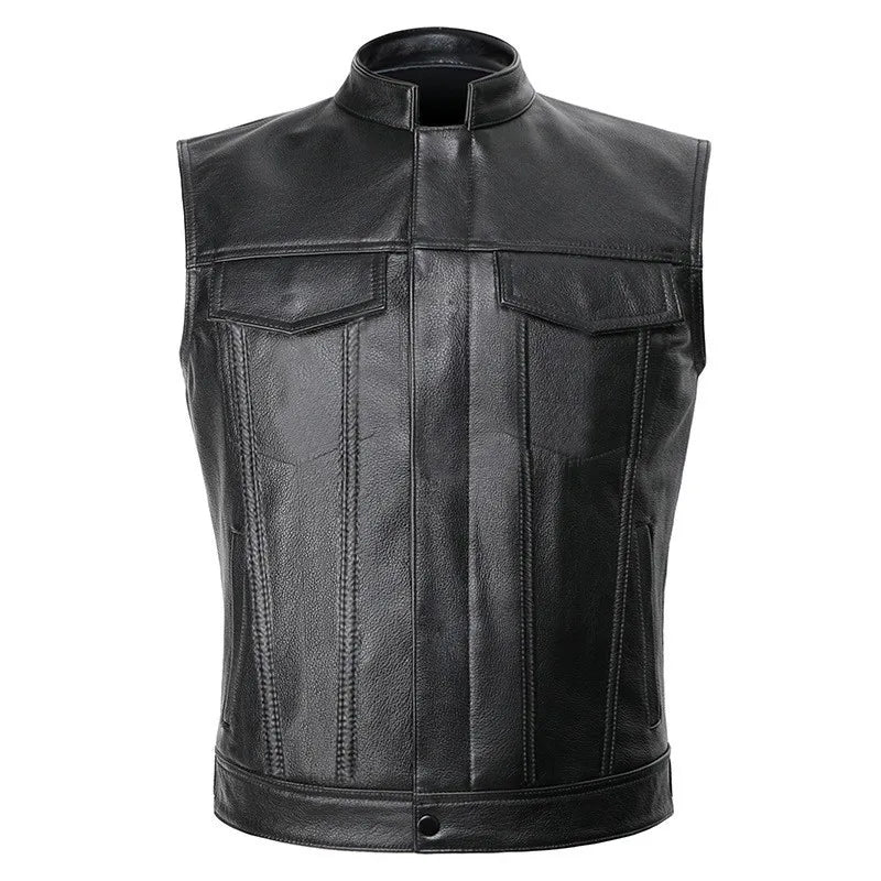 Classical Stand Collar Motorcycle Leather Vest by RiderOut