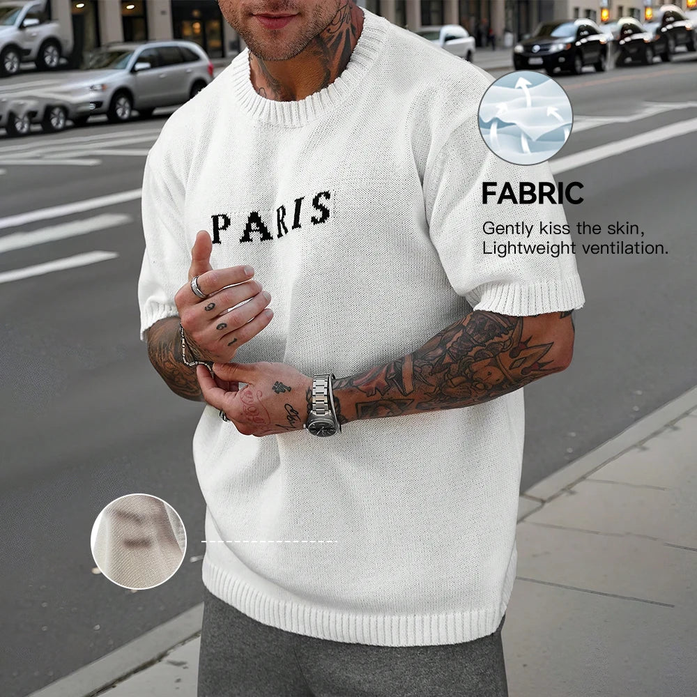 Short Sleeve White Paris Letter Knitwear T-Shirt by RiderOut