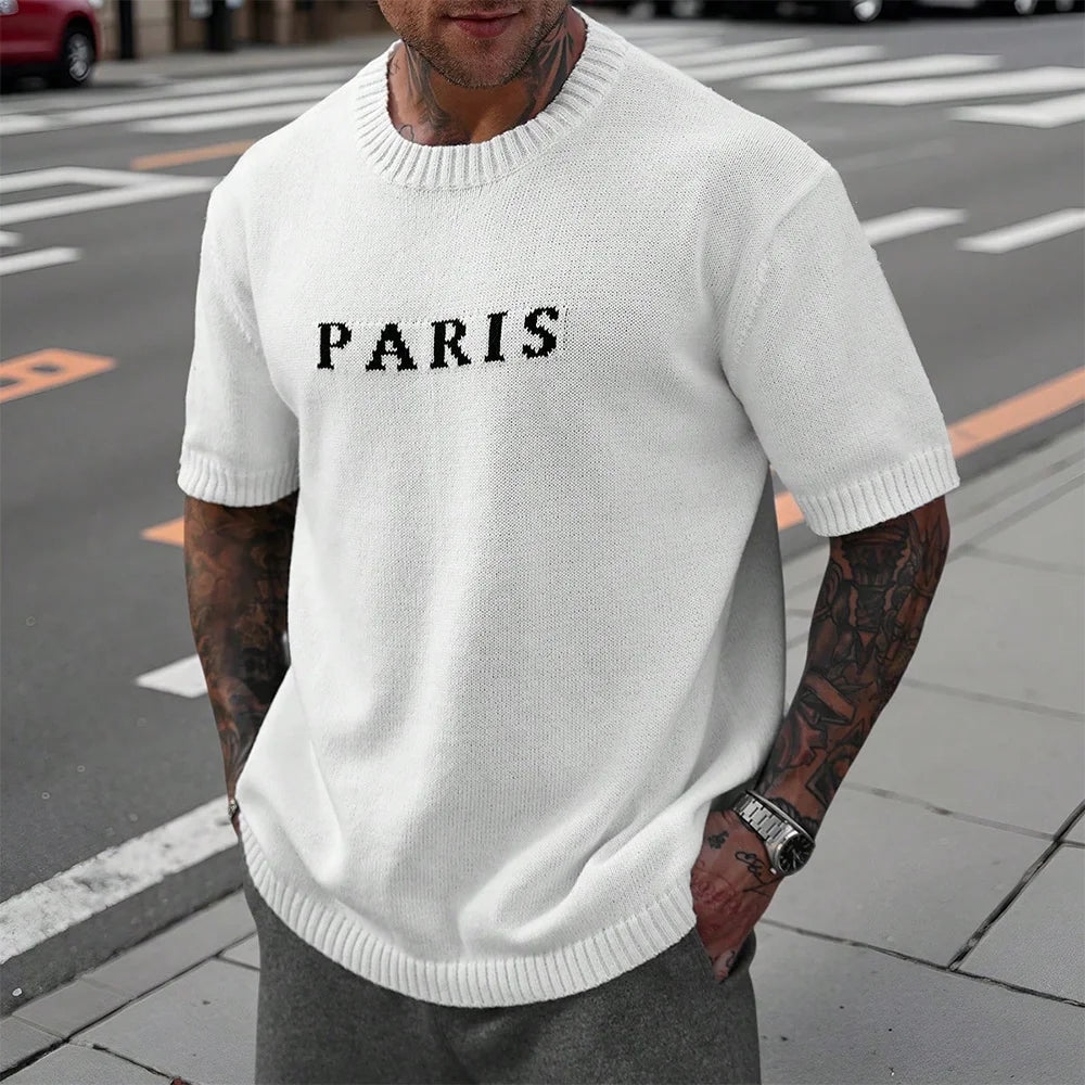 Short Sleeve White Paris Letter Knitwear T-Shirt by RiderOut