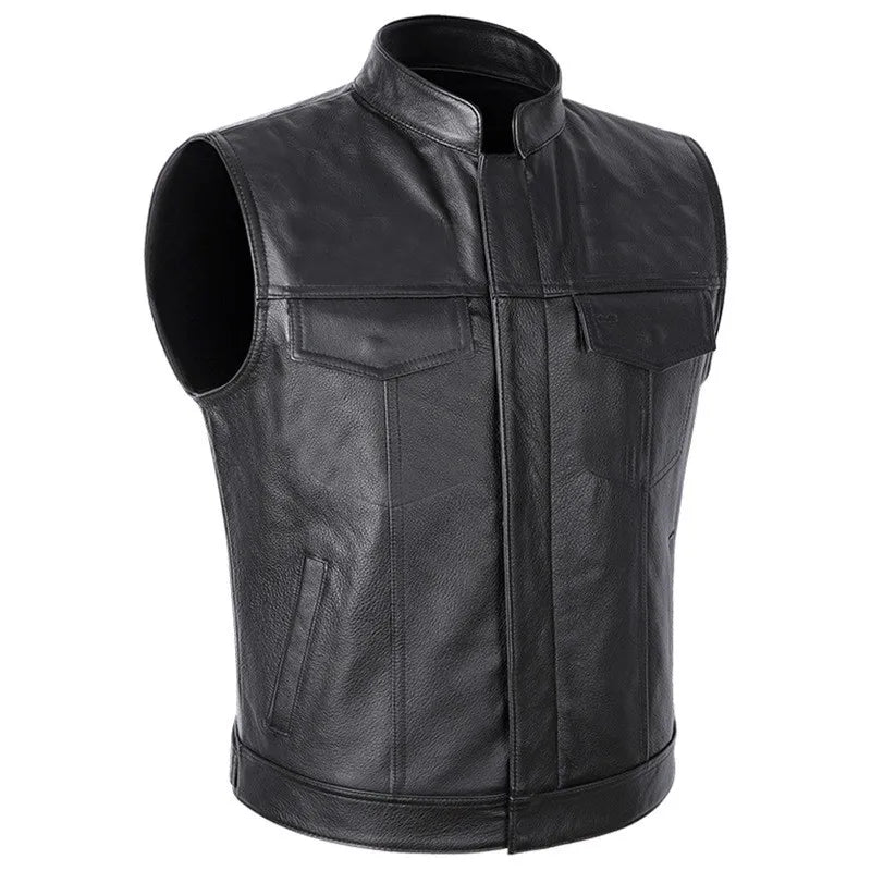 Classical Stand Collar Motorcycle Leather Vest by RiderOut