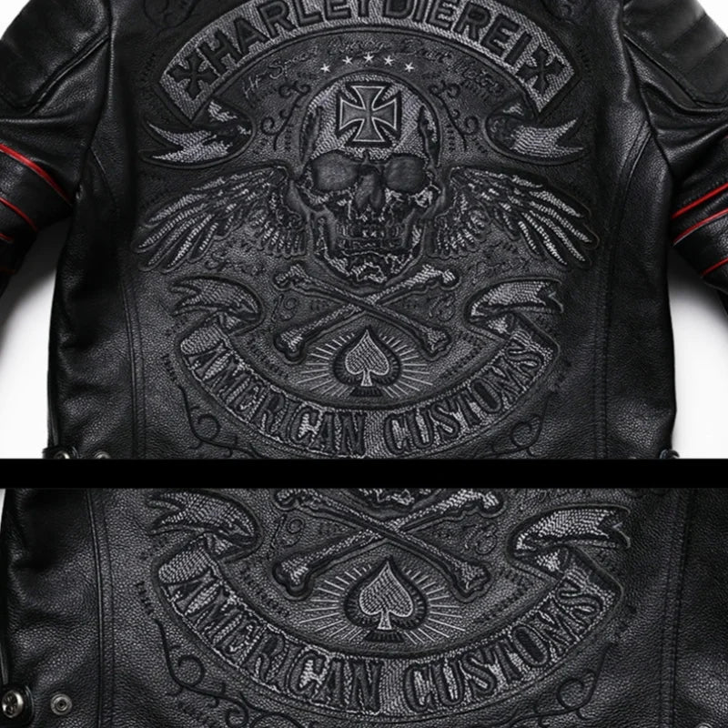 Black Genuine Natural Leather Stand Collar Skulls Embroidery Jacket by RiderOut