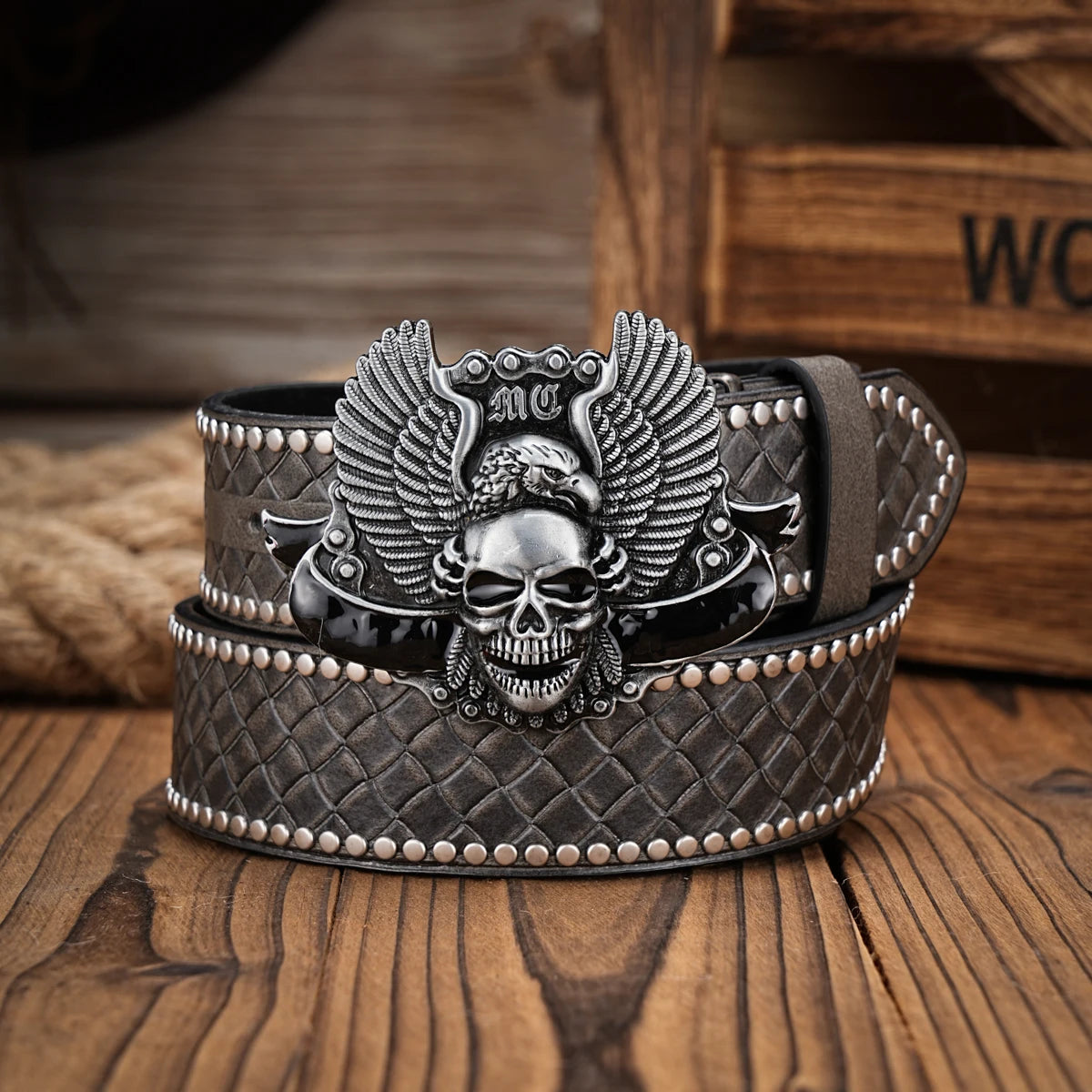 Skull Wings Engraved Buckle PU Leather Belts by RiderOut