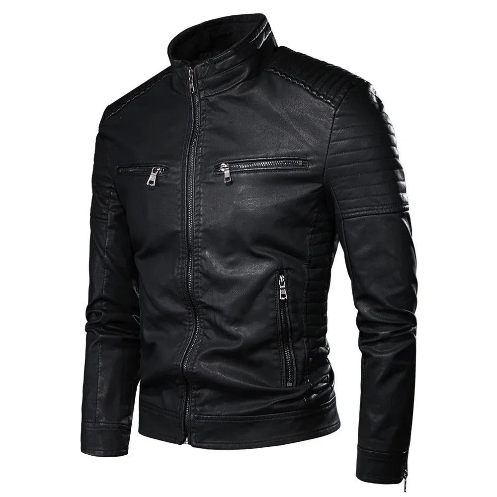 Stand Collar PU Leather Jacket by RiderOut