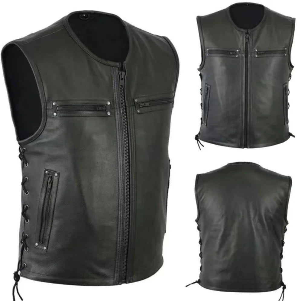 Black Motorcycle PU Leather Vest by RiderOut