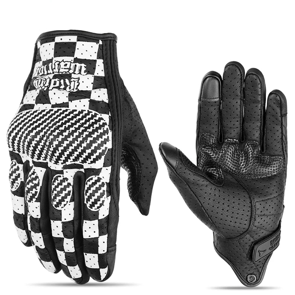 Pair of gloves with checkered pattern and black glove on a white background, featuring Alpinestars logo.