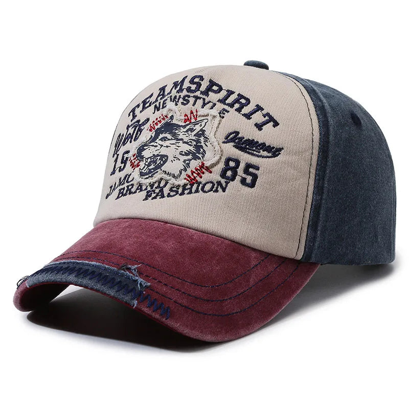 Washed Cotton WOLF Embroidery Vintage Baseball Cap by RiderOut™