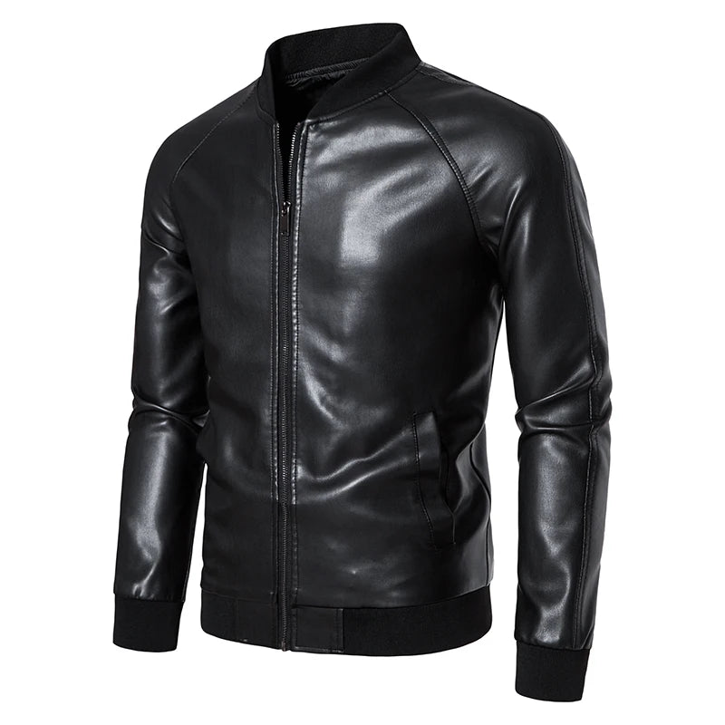 Black Stand Collar Comfortable Slim Leather Jacket by RiderOut