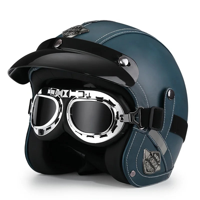 Vintage Green Leather Retro Classic Motorcycle Helmet by RiderOut™