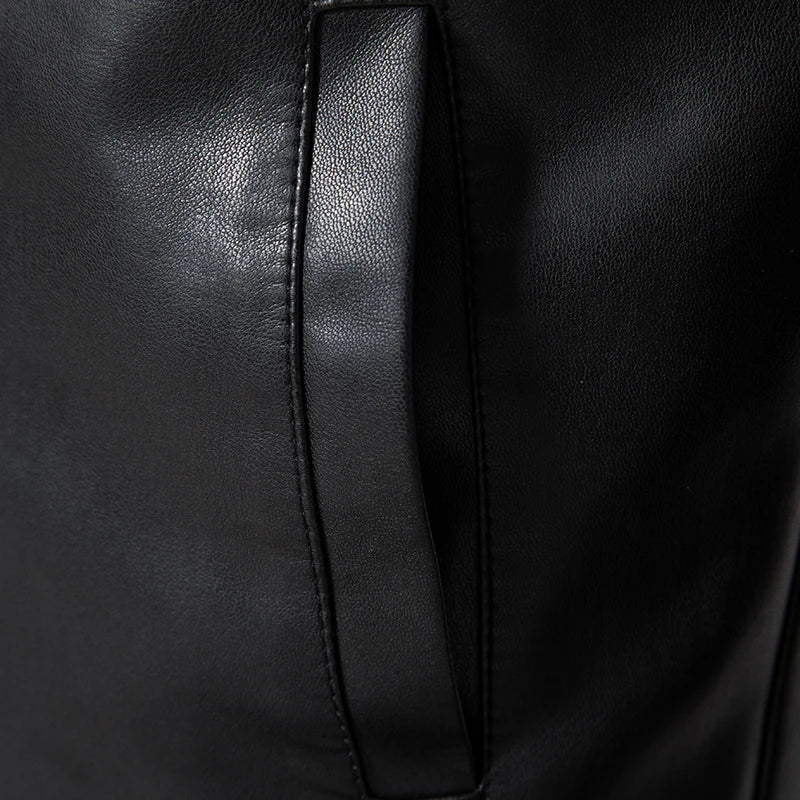 Black Stand Collar Comfortable Slim Leather Jacket by RiderOut