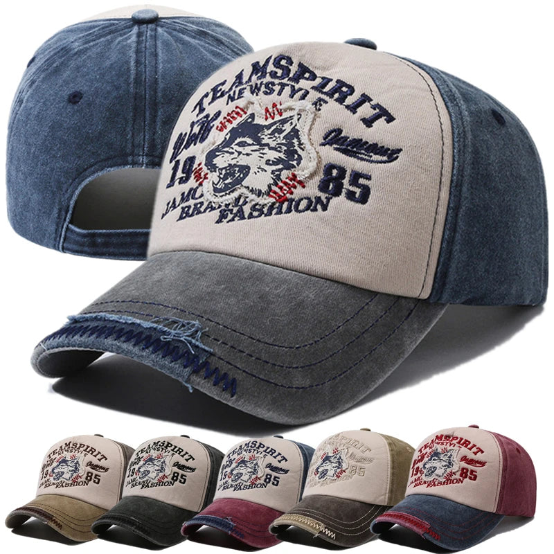 Washed Cotton WOLF Embroidery Vintage Baseball Cap by RiderOut™