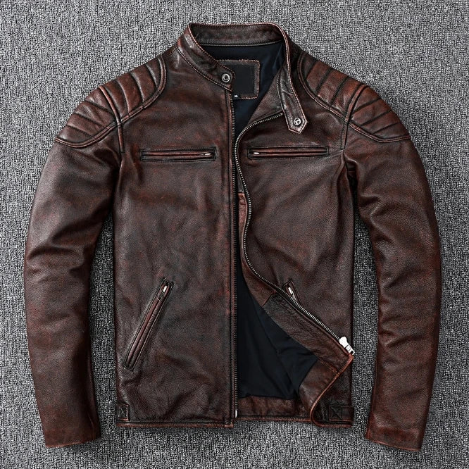 Cowhide Leather Stand Collar Motorcycle Jacket by RiderOut