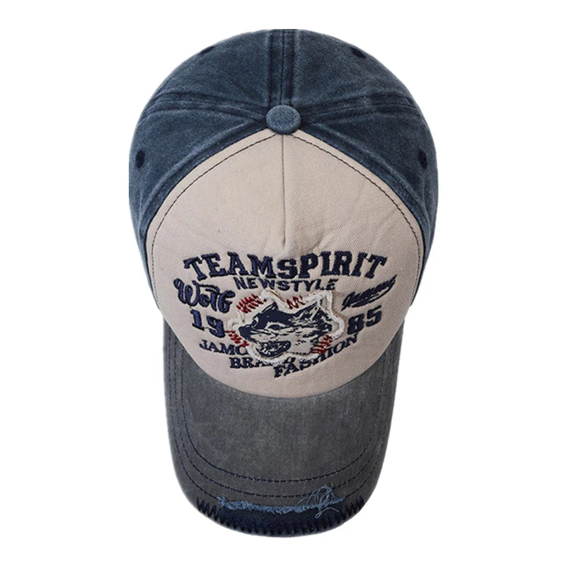 Washed Cotton WOLF Embroidery Vintage Baseball Cap by RiderOut™