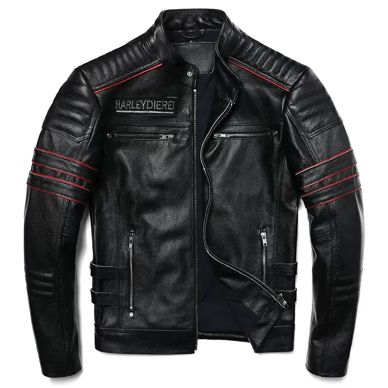 Black Genuine Natural Leather Stand Collar Skulls Embroidery Jacket by RiderOut