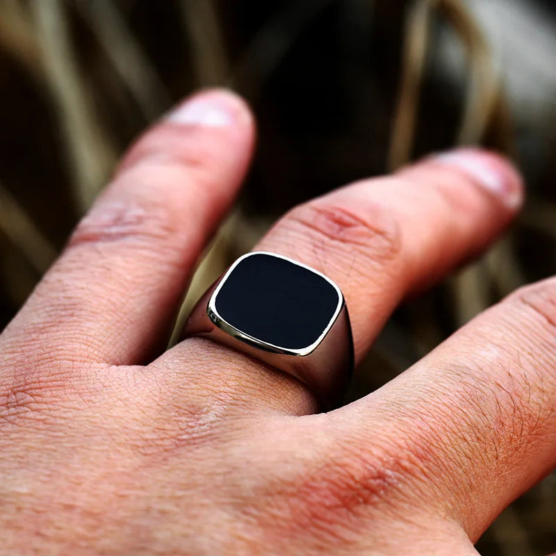 Retro Flat Square Black Glass Onyx Ring by RiderOut™