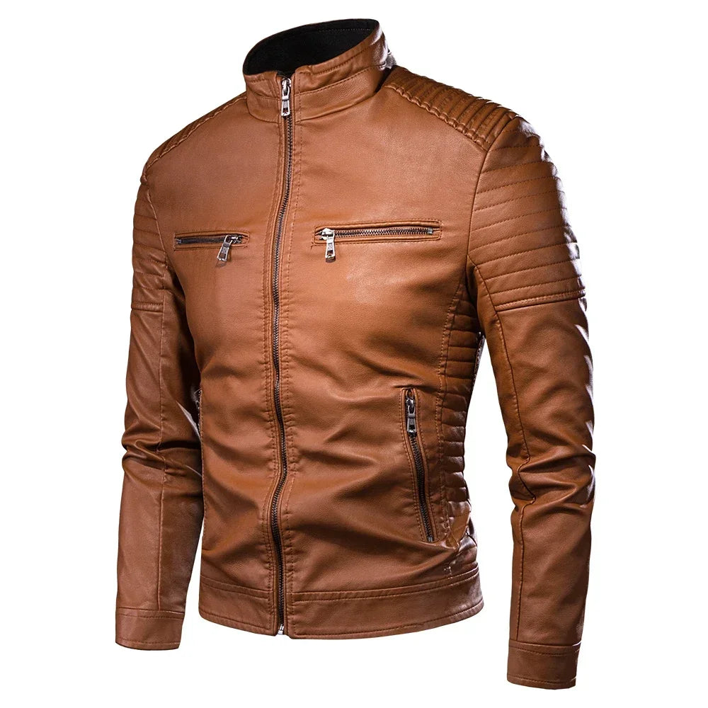 Stand Collar PU Leather Jacket by RiderOut