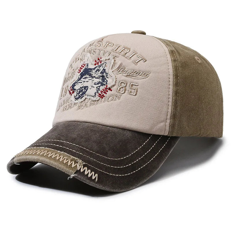 Washed Cotton WOLF Embroidery Vintage Baseball Cap by RiderOut™