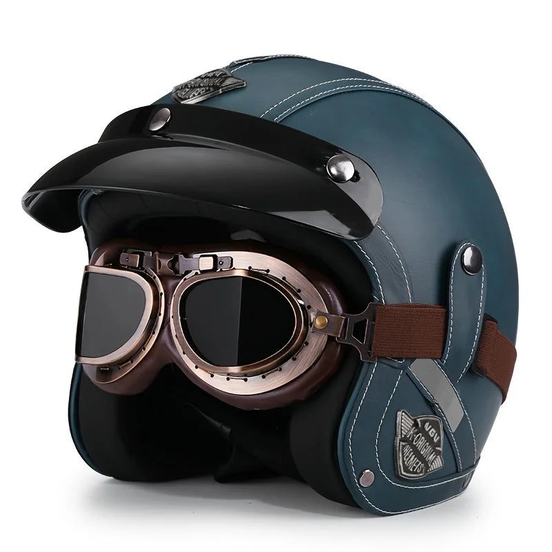 Vintage Green Leather Retro Classic Motorcycle Helmet by RiderOut™