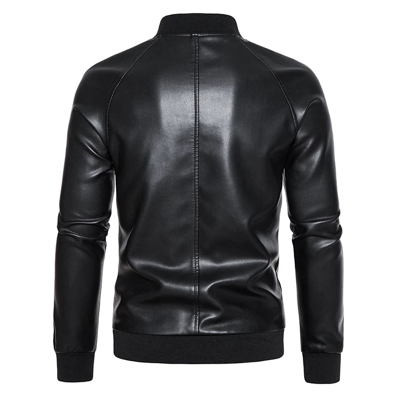 Black Stand Collar Comfortable Slim Leather Jacket by RiderOut