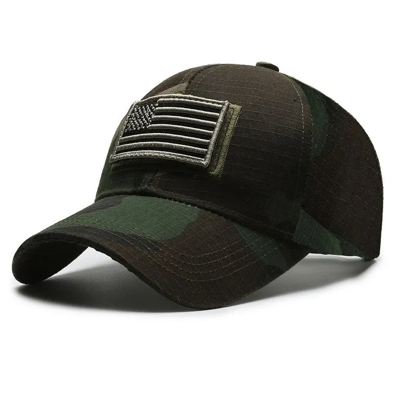 American Flag Camouflage Sticker Embroidered Baseball Cap by RiderOut™