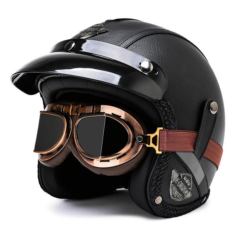 Black Leather Retro Classic Motorcycle Helmet by RiderOut™