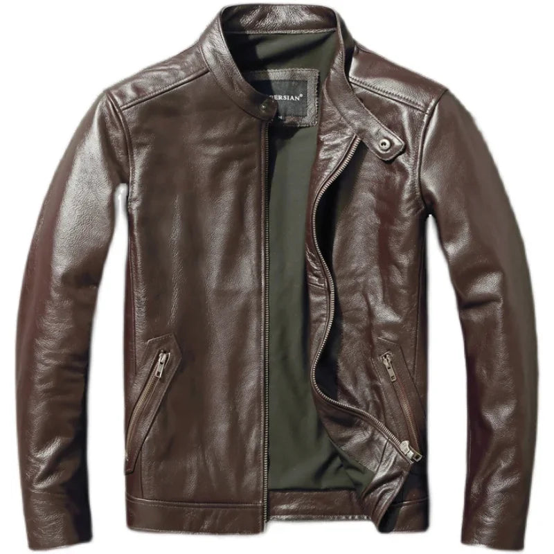 Genuine Leather Slim Fit Stand Collar Jacket by RiderOut