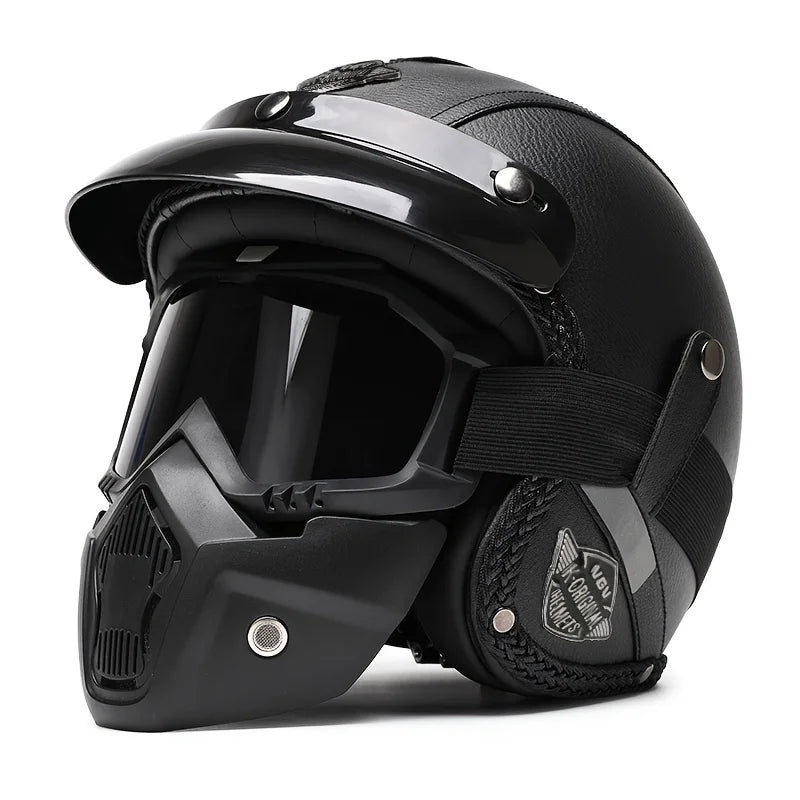 Black Leather Retro Classic Motorcycle Helmet by RiderOut™