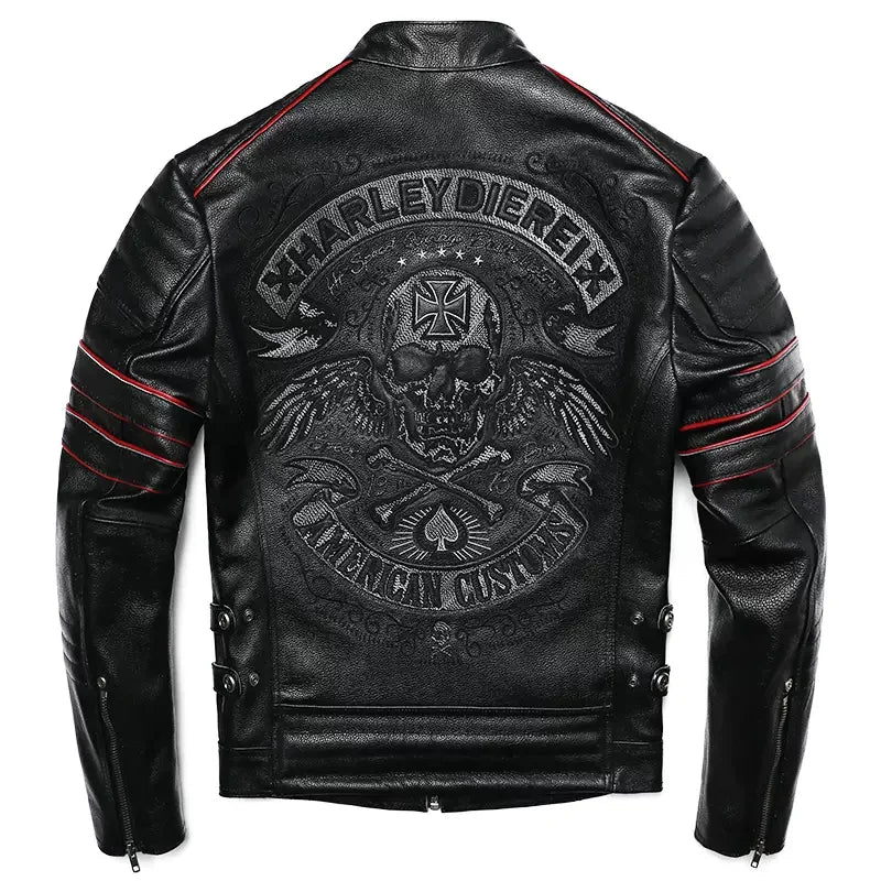 Black Genuine Natural Leather Stand Collar Skulls Embroidery Jacket by RiderOut