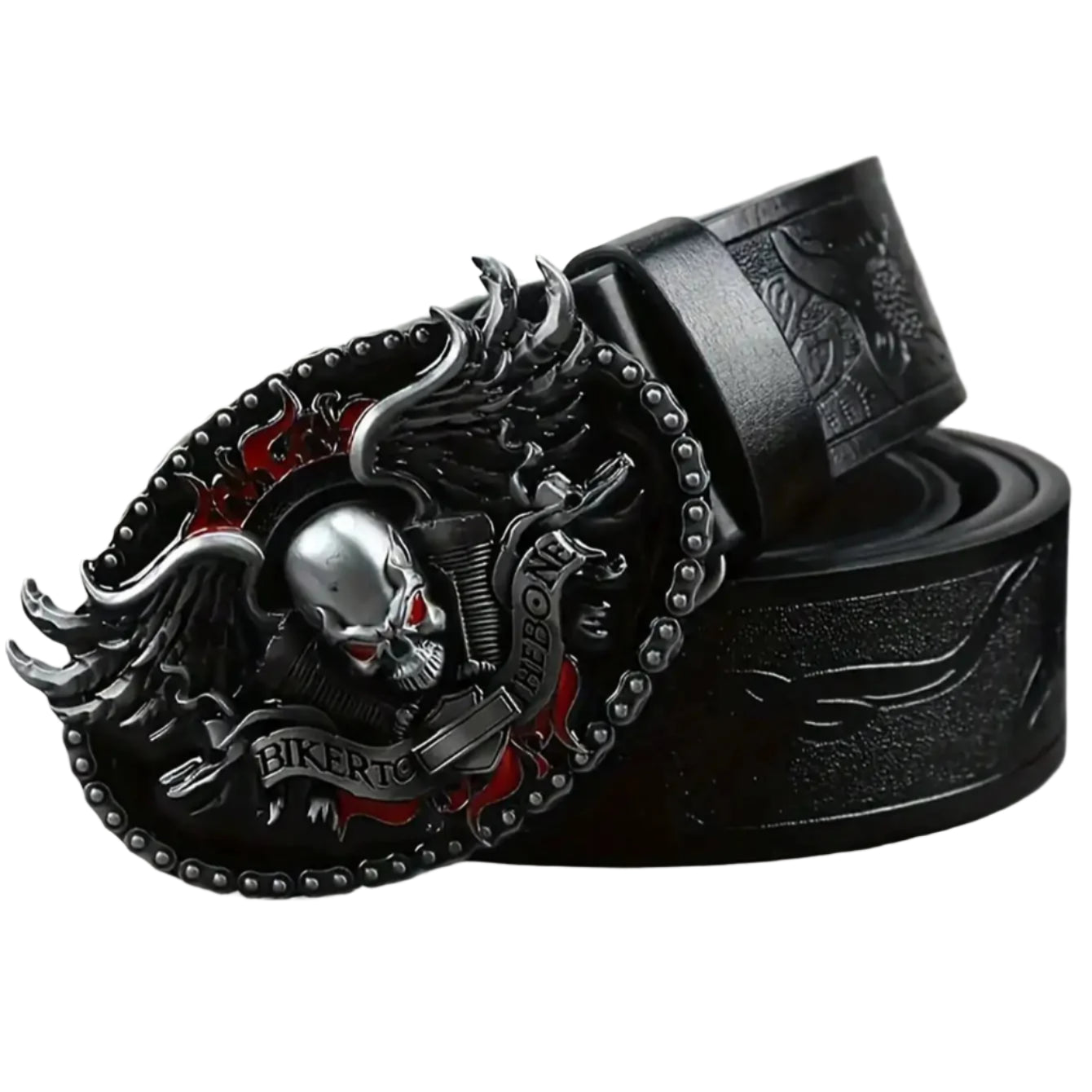 Black leather belt with a detailed skull and wings buckle on a gray surface