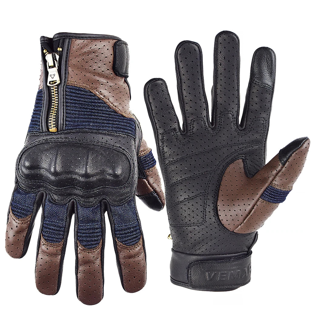 Retro Leather & Denim Motorcycle Gloves by RiderOut™