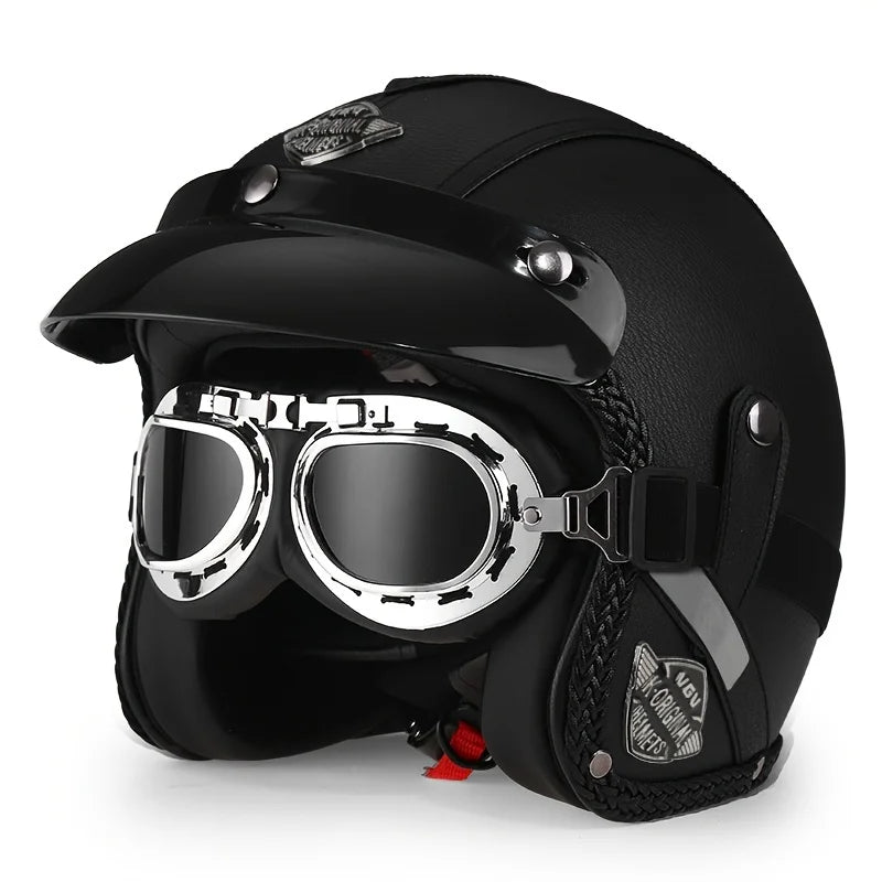 Black Leather Retro Classic Motorcycle Helmet by RiderOut™