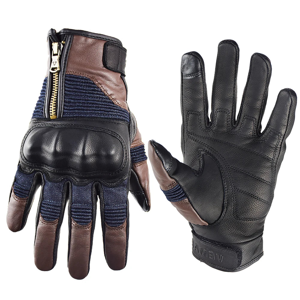 Retro Leather & Denim Motorcycle Gloves by RiderOut™