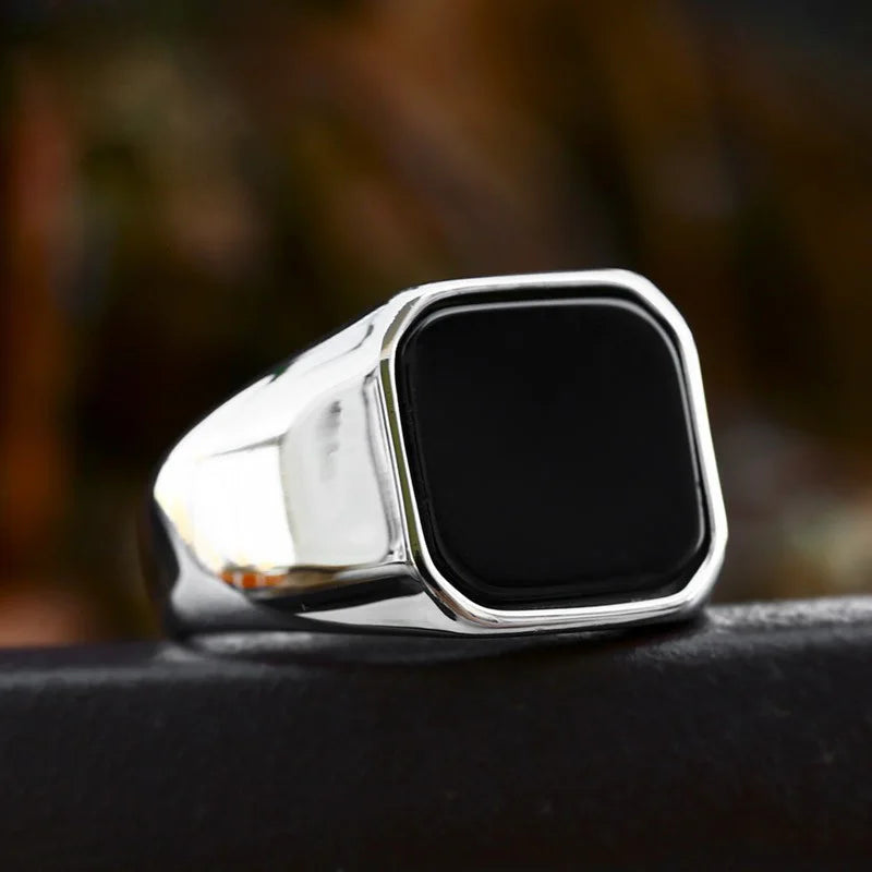 Retro Flat Square Black Glass Onyx Ring by RiderOut™