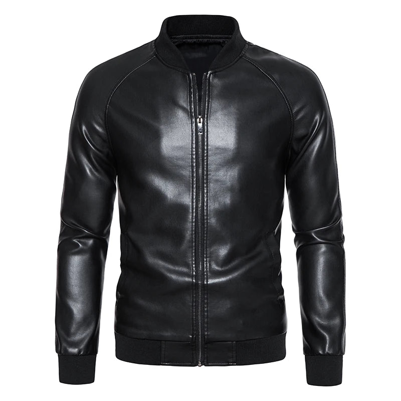 Black Stand Collar Comfortable Slim Leather Jacket by RiderOut