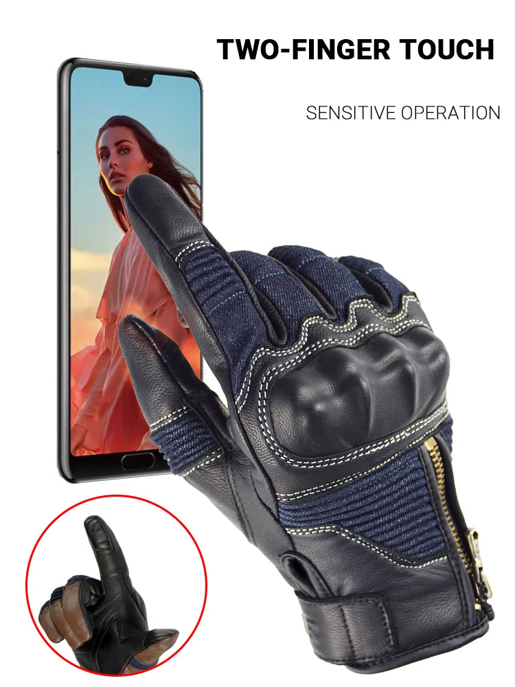 Retro Leather & Denim Motorcycle Gloves by RiderOut™