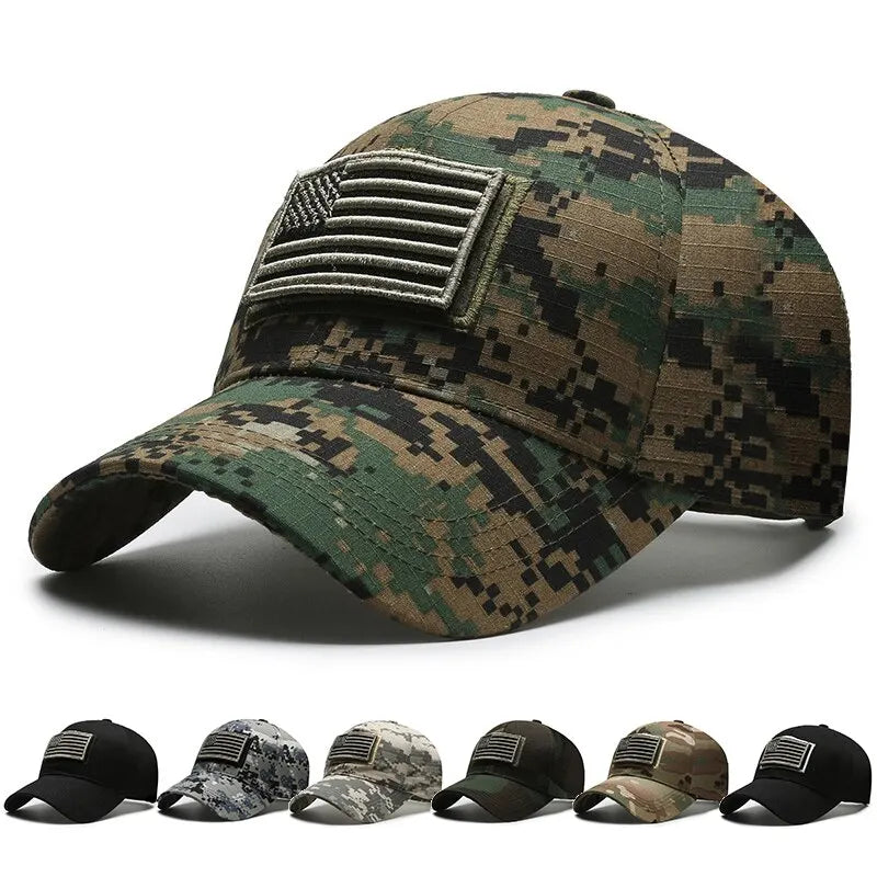 American Flag Camouflage Sticker Embroidered Baseball Cap by RiderOut™