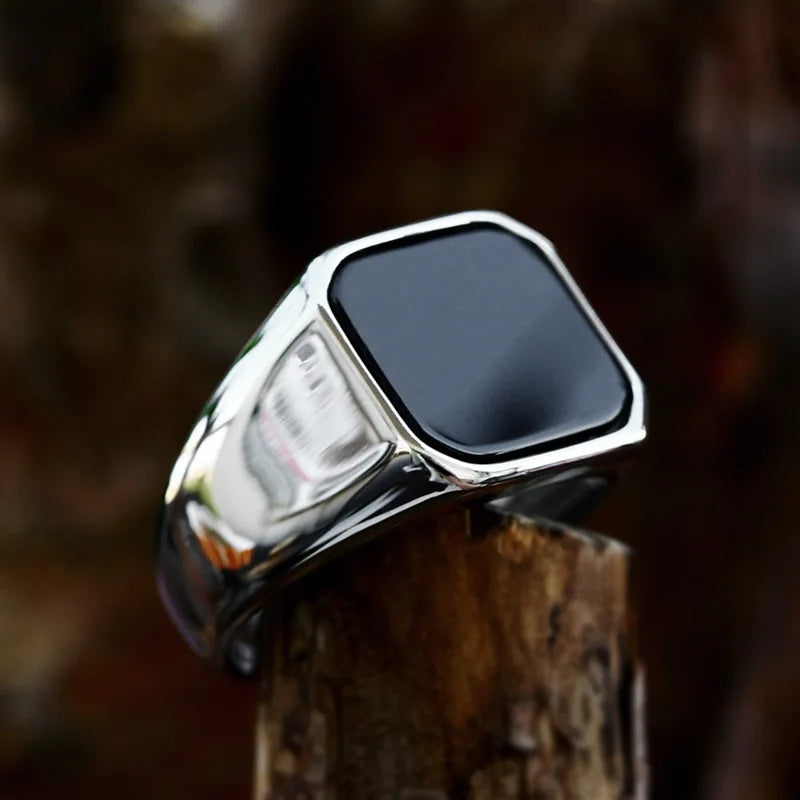 Retro Flat Square Black Glass Onyx Ring by RiderOut™